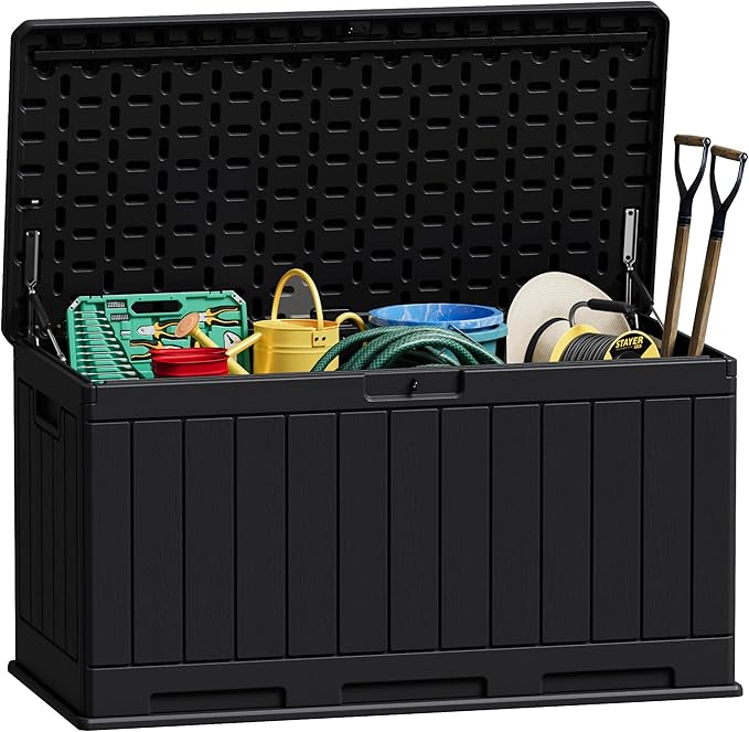 JUMMICO 90 Gallon Waterproof Resin Deck Box, Double Wall Outdoor Storage Box with Lockable Lid for Garden Tools, Patio Cushions, Pools (Black) by JUMMICO