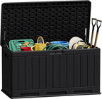 JUMMICO 90 Gallon Waterproof Resin Deck Box, Double Wall Outdoor Storage Box with Lockable Lid for Garden Tools, Patio Cushions, Pools (Black) by JUMMICO