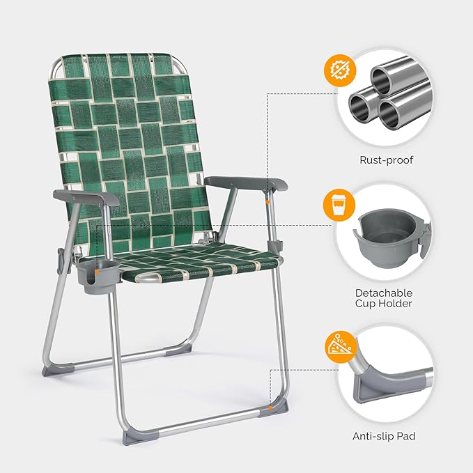 VINGLI Folding Aluminum Webbed Lawn Chairs with Detachable Cup Holder, High Beach Chair for Adults Heavy Duty, Portable Patio Chair, Camping Chair for Yard, Garden, 2 Pack - Image 5