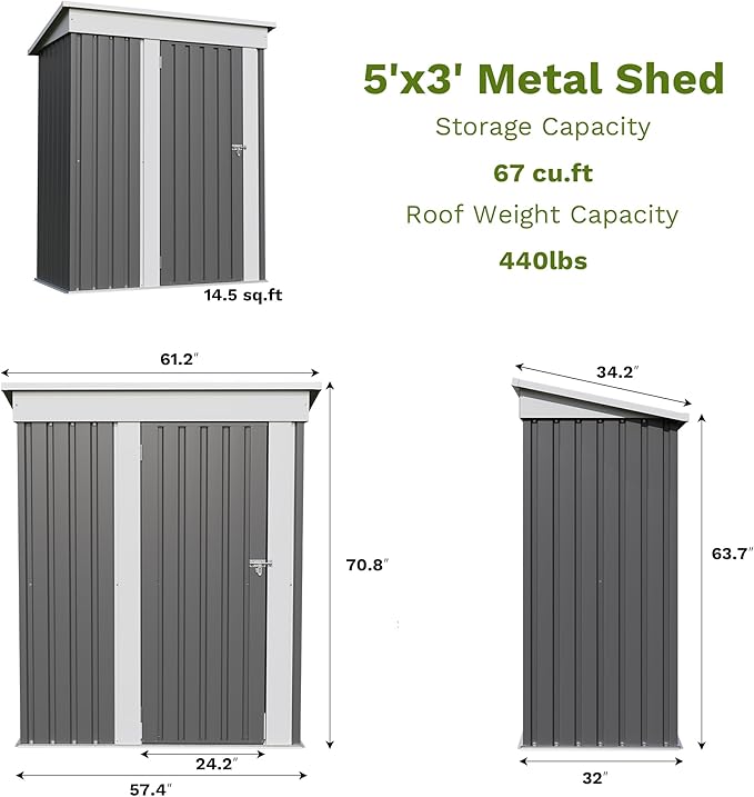 Patiowell 5x3 FT Outdoor Storage Shed, Garden Tool Shed with Sloping Roof and Lockable Door, Metal Shed for Backyard Garden Patio Lawn, Gray - Image 3