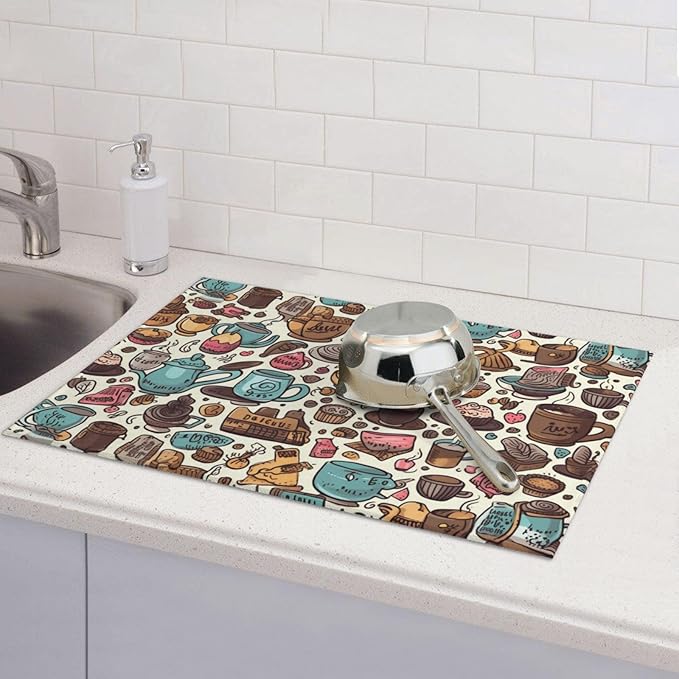 Coffee Cups Dish Drying Mat for Kitchen Counter Decor 18x24 Inch Floral - Image 7