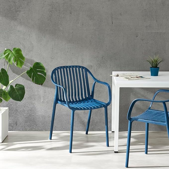 Modern Stackable Outdoor & Indoor Plastic Dining Chairs Set, Armchairs Set, Weather-Resistant, Ideal for Patios, Cafes, and Home Use, Set of 4 (Blue) - Image 2