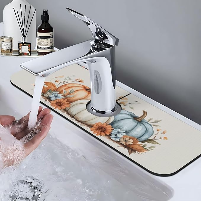 Kitchen Sink Splash Guard Faucet Mat Autumn Pumpkin Floral 15"x5.5", Diatom Mat - Image 9