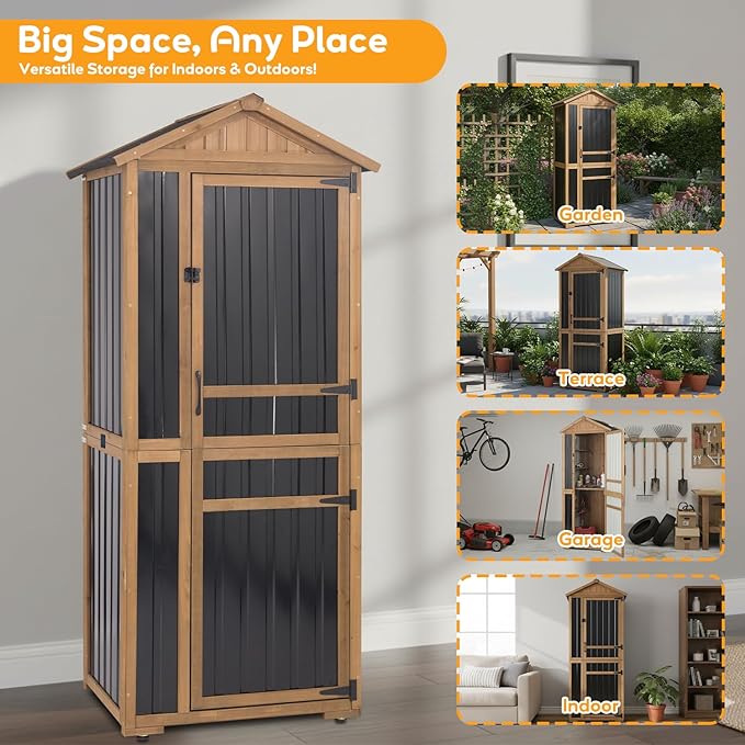 Outdoor Storage Cabinet, Wood & Metal Garden Shed with Waterproof Asphalt Roof, Patio Organizer with 3 Fixed Shelves & Removable Shelf for Long Tools, Lockable Magnetic Doors for Backyard Garage Pool - Image 8
