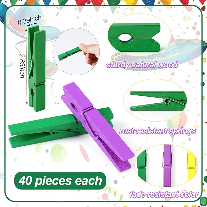 Weysat 120 Pcs Mardi Gras Colored Clothes Pins 2.9" Wooden Carnival Mardi Gras - Image 2