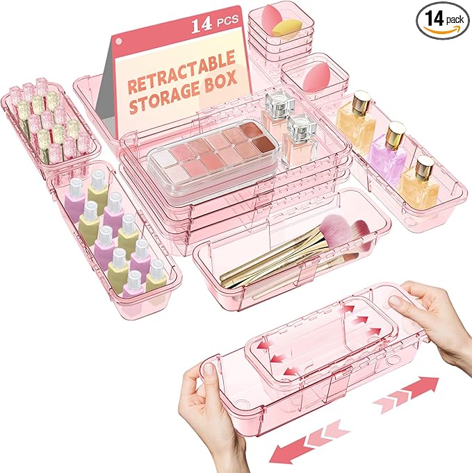 14 Pcs Clear Drawer Organizer, Adjustable Drawer Storage Box, 3-Size Desk by Hiitytin