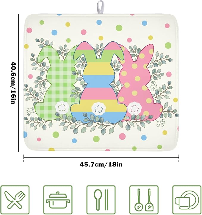Easter Bunny Dish Drying Mat for Kitchen Counter Cute Rabbit Colorful Polka - Image 2