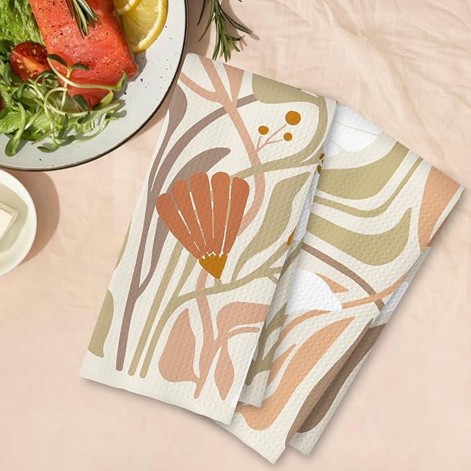 Abstract Boho Beige and White Floral Kitchen Towels Set of 2, 70s Retro Groovy - Image 4
