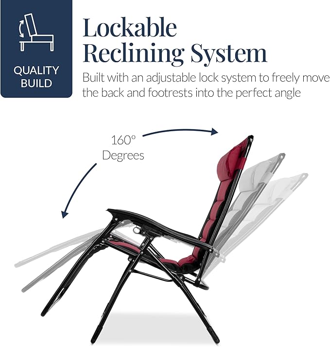 Best Choice Products Oversized Padded Zero Gravity Chair, Folding Outdoor Patio Recliner, XL Anti Gravity Lounger for Backyard w/Headrest, Cup Holder, Side Tray, Polyester Mesh - Burgundy - Image 9