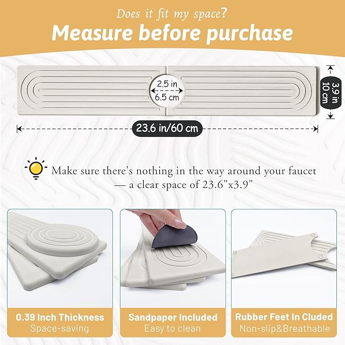 Quick Dry Stone Sink Splash Guard, 23.6" Extended Diatomaceous Earth Sink - Image 2