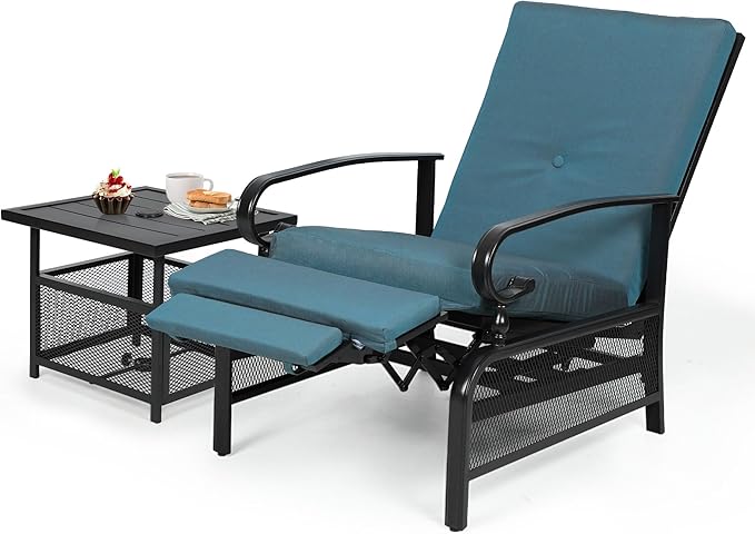 Oakcloud Adjustable Outdoor Lounge Chair Metal Patio Relaxing Recliner Chair Set with Bistro Table and Removable Cushions(Peacock Blue) by OckcloudPatioFurniture