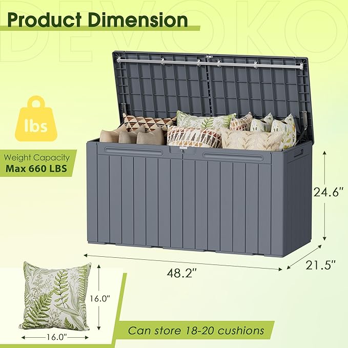 Devoko 100 Gallon Outdoor Storage Box, Waterproof Resin Deck Box for Patio Furniture, Lockable Container for Garden Cushions & Pool Supplies (Gray, 100 Gallon) - Image 8
