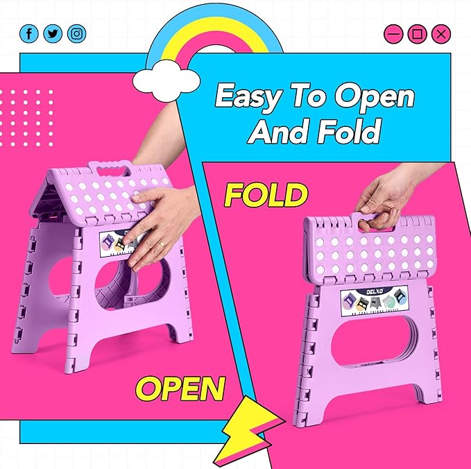 Delxo 11 inch Folding Step Stool, Non-Slip Foldable Stools Up to 300 LBS, Step Stool with Handle, Lightweight for Kitchen, Bathroom, Bedroom, Garden, Light Purple, 1PC - Image 8