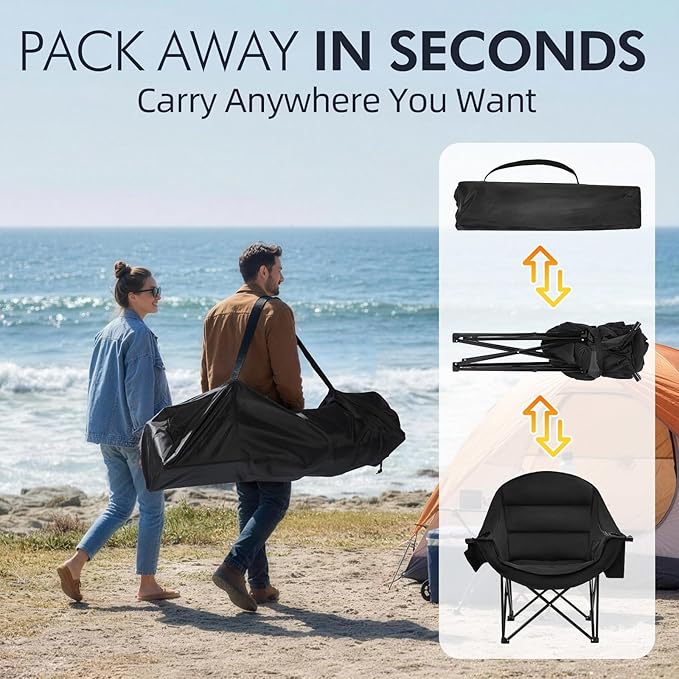 Oversized Camping Chair for Adults - Heavy Duty Outdoor Padded Large Lawn Camp Chair with Cup Holder Cooler Pockets for Sports Beach Fishing Garden Portable Supports 500lbs, AllBlack 2 Pack - Image 7