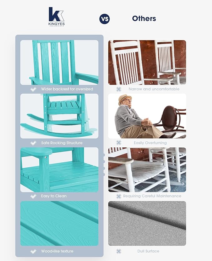 KINGYES Oversized Outdoor Rocking Chair Set of 2, All-Weather Patio Rocking Chairs for Porch, HDPE Outdoor Patio Rockers with High Back & Wide Seat for Garden, Lawn, Aruba - Image 7