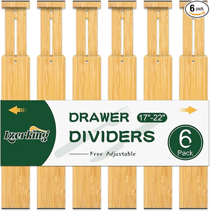 Lzerking Kitchen Drawer Dividers 6 Pack, 17-22" Adjustable Bamboo Drawer by Lzerking