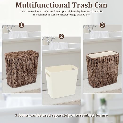 Wicker Trash Can with Lid and Liner, Handwoven Wicker Waste Basket, Water - Image 4