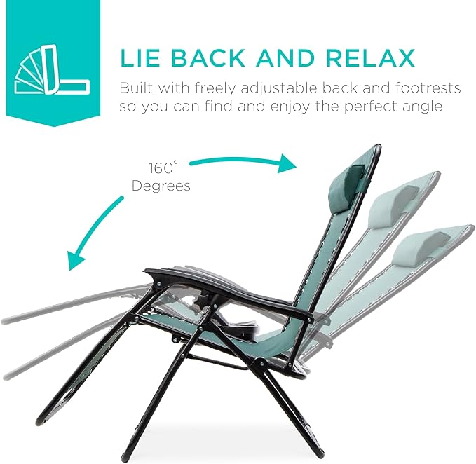 Best Choice Products Set of 2 Adjustable Steel Mesh Zero Gravity Lounge Chair Recliners w/Pillows and Cup Holder Trays - Forest Green - Image 4