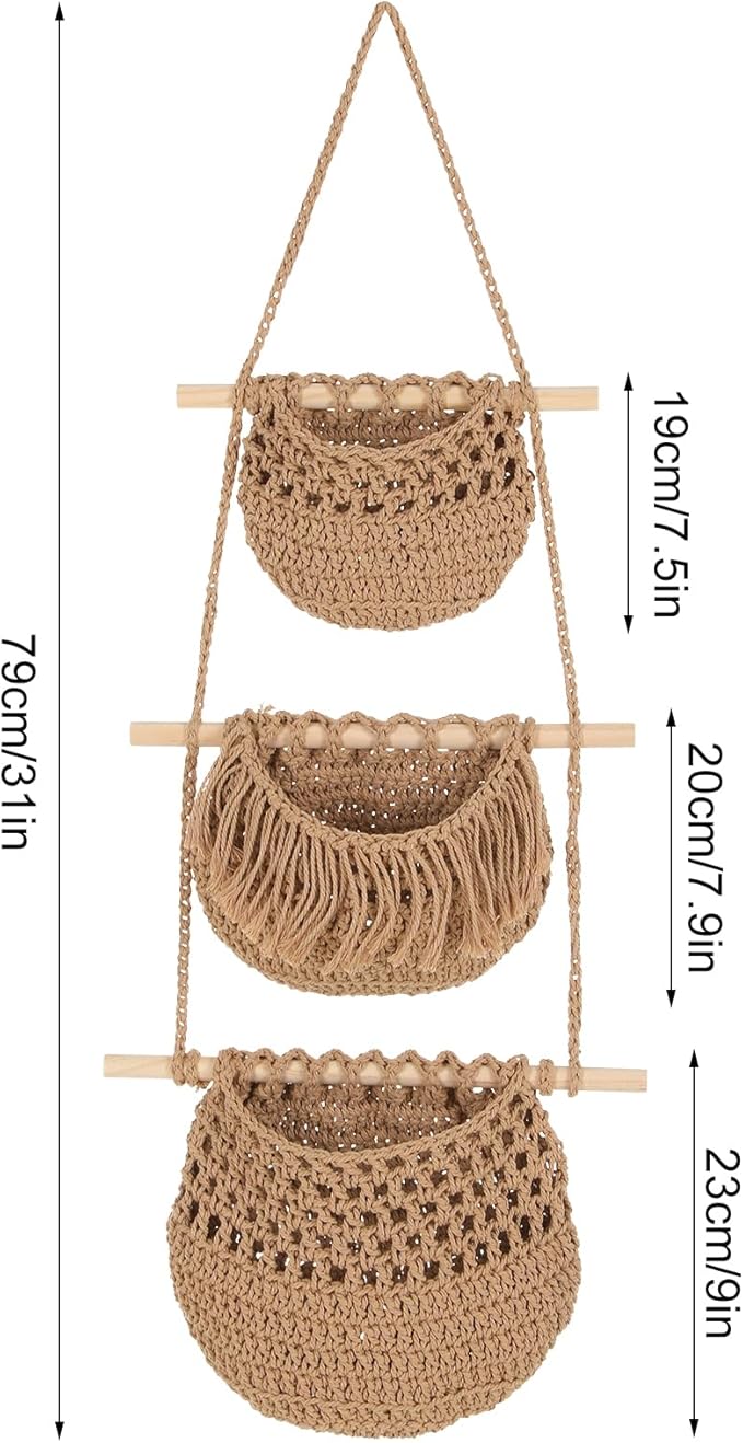 3 Tier Hanging Fruit Basket, Wall Hanging Vegetable Fruit Baskets Cotton Woven - Image 2