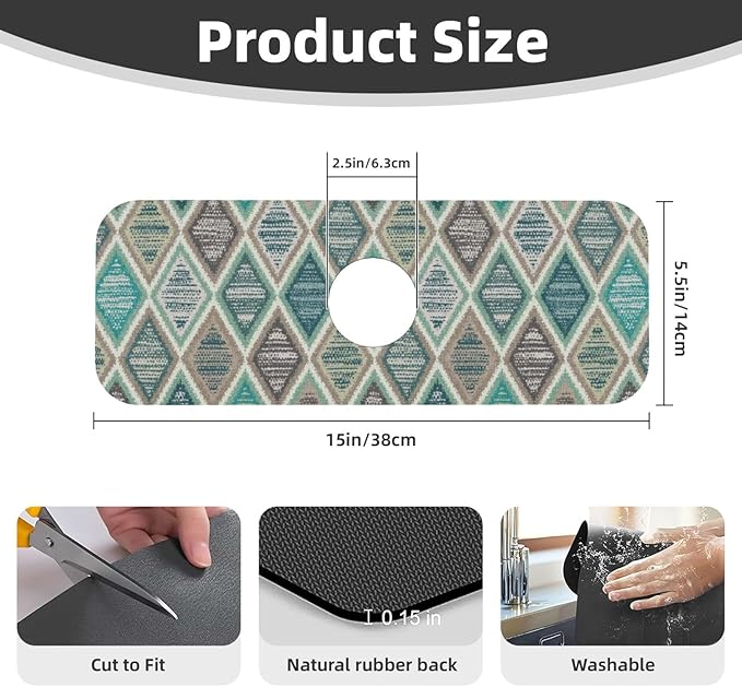 Teal And Brown Boho Style Kitchen Sink Splash Guard Faucet Mat Super Absorbent - Image 2