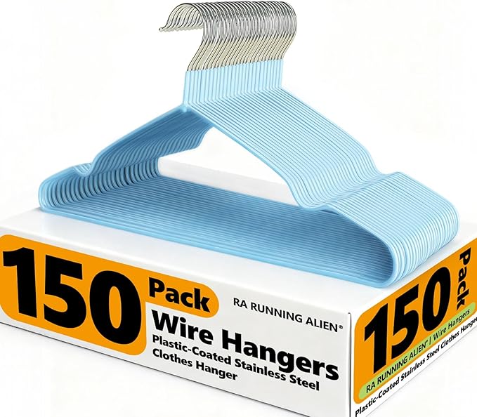 150 Pack Clothes Hangers, Non Slip Blue Plastic Coated Metal Coat Hanger by Unknown