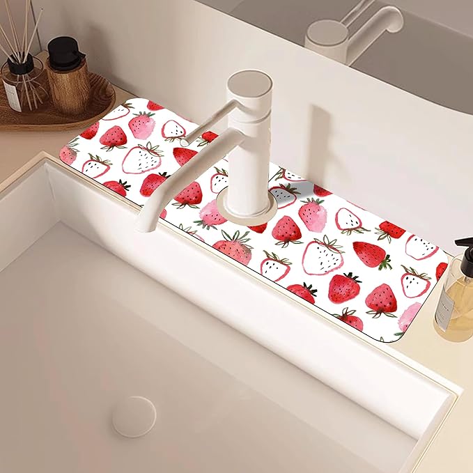 Watercolor Strawberry Kitchen Sink Splash Guard Mat Absorbent Fast Drying Mat - Image 2