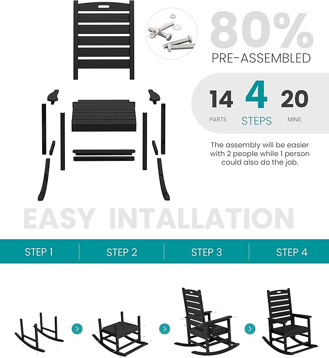 SERWALL Outdoor Rocking Chair Set of 2, Oversized Rocking Chair with Footboard for Adults, HDPE All Weather Resistant Rocking Chairs for Patio, 350lbs Weight Capacity, Black - Image 8