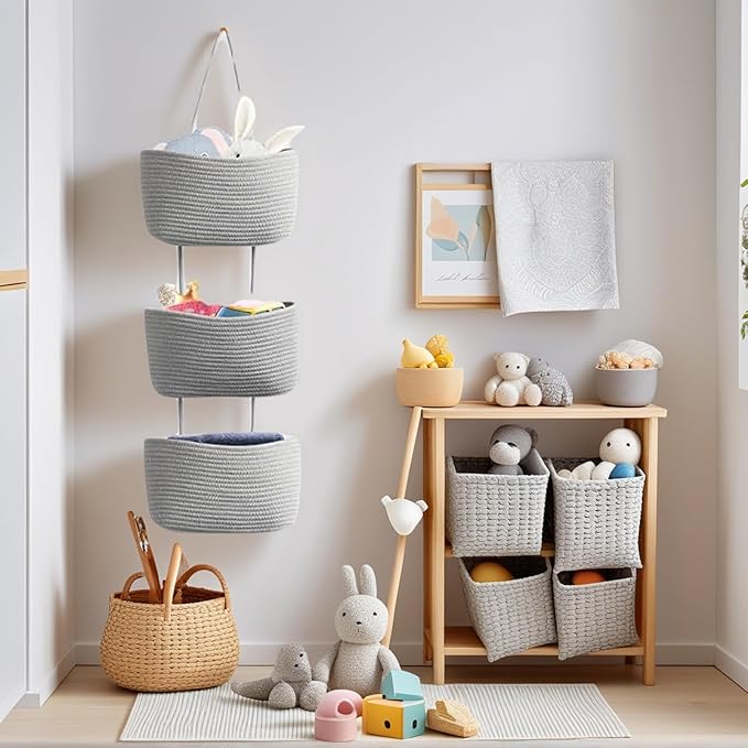 Hanging Baskets for Organizing, 3-Tier Woven Cotton Over the Door/Wall-Mounted - Image 2