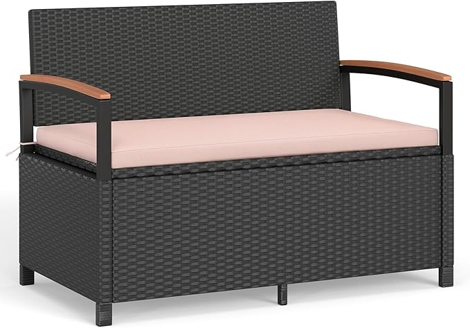 Tangkula 46 Gallon Outdoor Bench with Storage, Outdoor PE Rattan Storage Bench with Cushion, Backrest & Acacia Wood Armrests, Metal Frame, Waterproof Deck Box Seat for Porch Backyard Poolside by TANGKULA