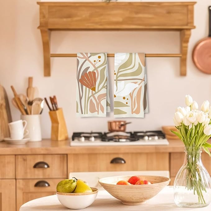 Abstract Boho Beige and White Floral Kitchen Towels Set of 2, 70s Retro Groovy - Image 2