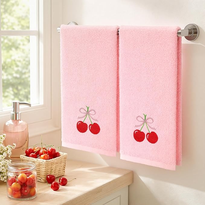 2 Pcs Cherry Hand Towels Light Pink Bathroom Decor 14x29 Inch Embroidered 100% - Image 5