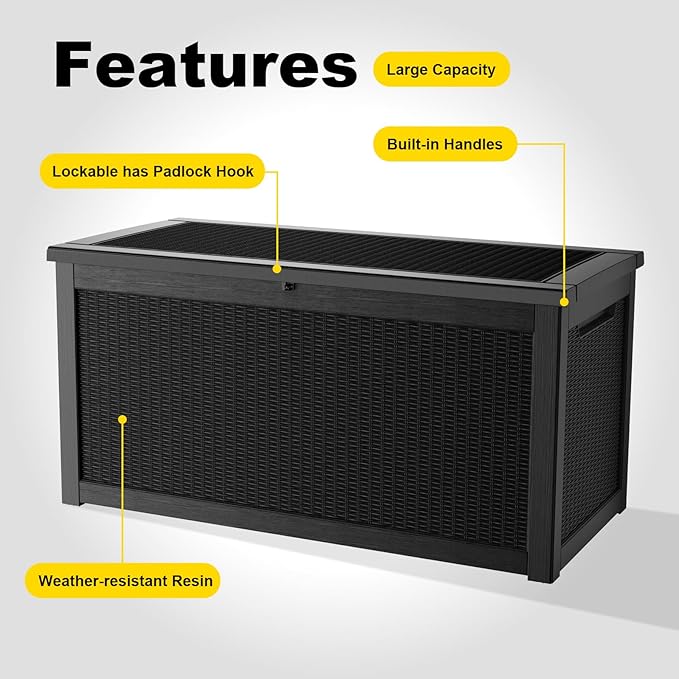 320 Gallon Outdoor Storage Box,Large Waterproof UV Resistant Deck Box,Lockable Storage Container for Patio Furniture Cushions Garden Tools and Pool Accessories(Black) - Image 6