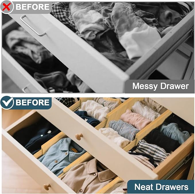 Lzerking Dresser Drawer Organizers 4.65" High, Adjustable from 12-17.5" Bamboo - Image 6