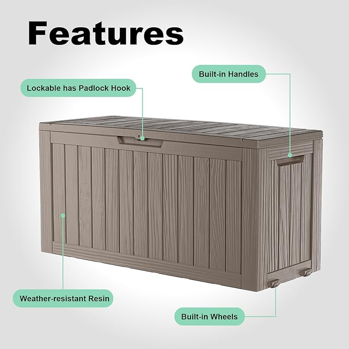ROJIK Outdoor Storage Housing Deck Box - Waterproof Patio Furniture, Garden Tools, Cushions, Pool Accessories Storage Bench with Lockable Lid and Side Handles (Grey 75 Gal) - Image 5