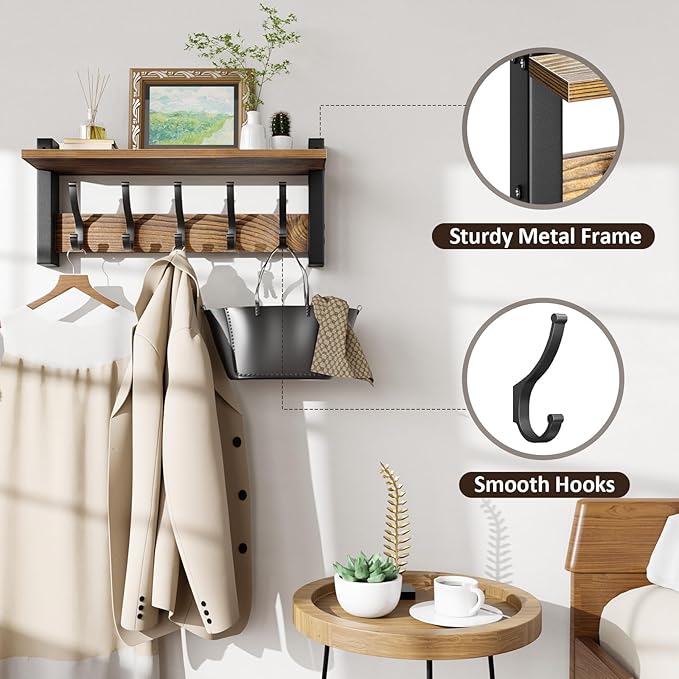 Coat Rack Wall Mount with Shelf, 17.1 Inch Coat Hanger, Entryway Wall Key Holder - Image 5