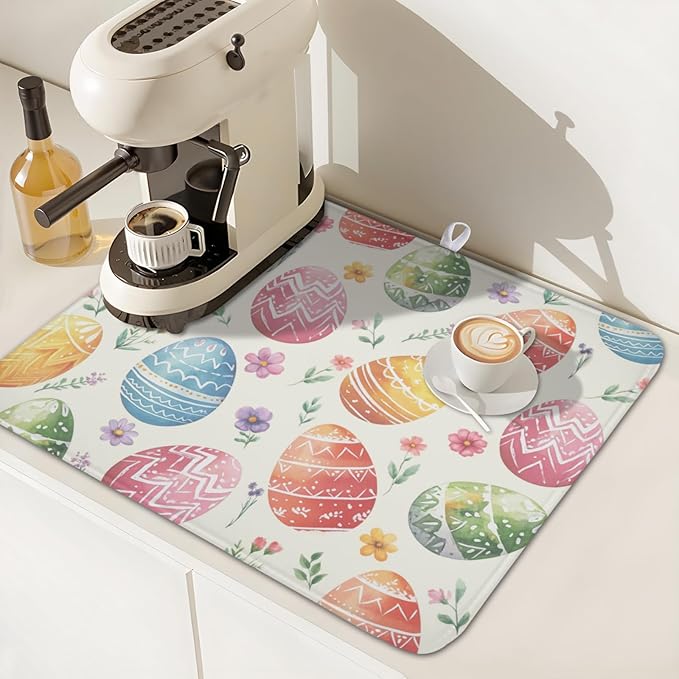 Easter Dish Drying Mat for Kitchen Counter Colorful Easter Eggs Floral Pattern - Image 7