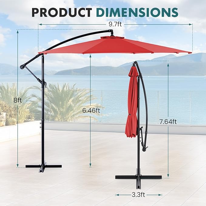 OLIXIS Offset Patio Umbrella, 9.7FT Cantilever Table Umbrellas for Outdoor Sun Shade UV Protection with Easy Tilt Adjustment, 8 Ribs for Backyard, Lawn, Garden, Pool - Red - Image 5