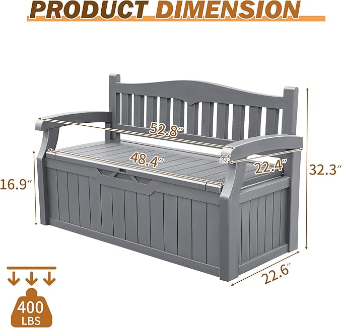 Devoko 80 Gallon Storage Bench Deck Box Lockable for Patio Furniture, Garden Decor and Outdoor Seating for Cushions, Garden Tools and Pool Supplies (Grey) - Image 3