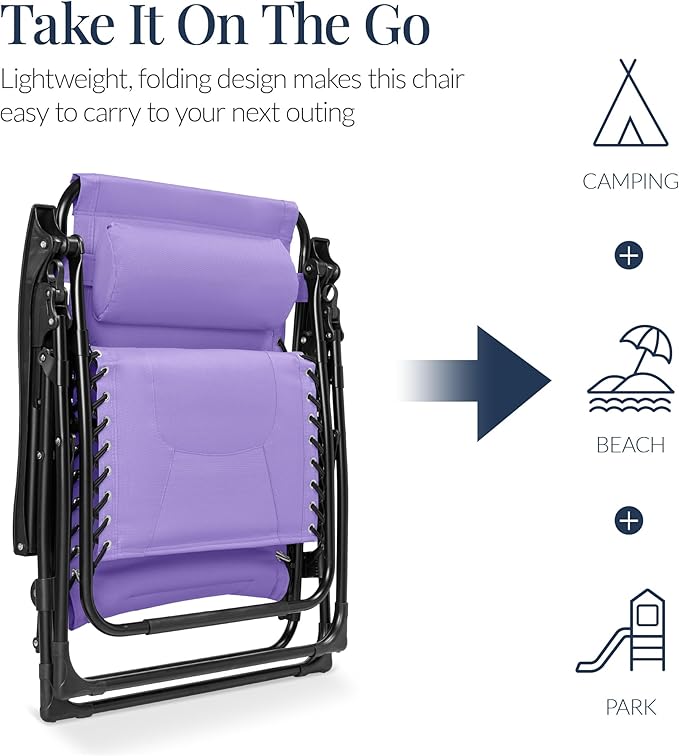 Best Choice Products Oversized Padded Zero Gravity Chair, Folding Outdoor Patio Recliner, XL Anti Gravity Lounger for Backyard w/Headrest, Cup Holder, Side Tray, Polyester Mesh - Violet - Image 5