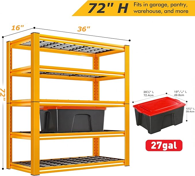 REIBII Garage Shelving Load 3200LBS, 5-Tier Storage Shelves, Adjustable Heavy Duty Metal Shelving Unit for Pantry, Basement, Warehouse, 72" H x 36" W x 16" D - Image 2