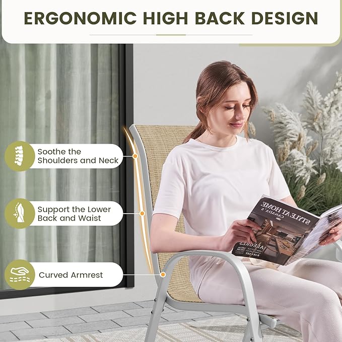 UDPATIO Patio Chairs Set of 2, Stackable Silver Outdoor Dining Chairs with High Back, Breathable Textilene Fabric Outdoor Chair All Weather, 350LBS Capacity for Garden, Backyard (Beige) - Image 7