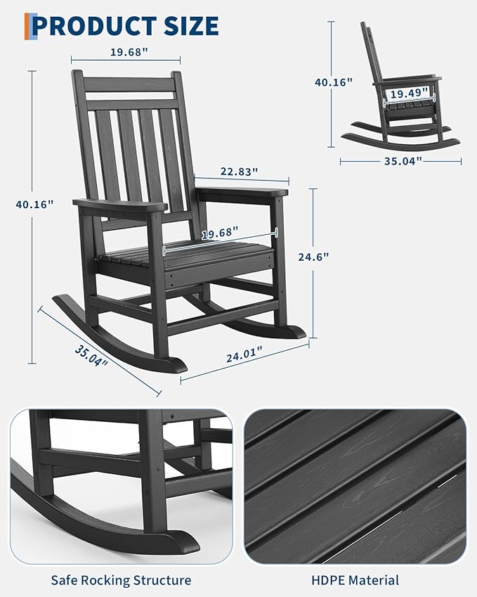 GarveeLife Poly Lumber Rocking Chair Outdoor Set of 4 with 2 Side Table - HDPE High Back Porch Rocker Chairs for Adults - All Weather Resistant Furniture for Patio - Black - Image 2