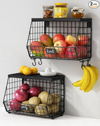 Black Kitchen Wall Hanging Storage Basket Set of 2, Rustic Stackable Kitchen by Goozii
