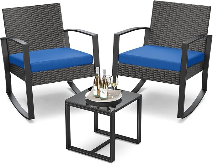 3 Piece Patio Bistro Set Patio Furniture Set Outdoor Wicker Rocking Furniture Conversation Set with Tempered Glass Coffee Table for for Front Porch Balcony and Deck (Blue Cushion) by Qsun