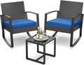 3 Piece Patio Bistro Set Patio Furniture Set Outdoor Wicker Rocking Furniture Conversation Set with Tempered Glass Coffee Table for for Front Porch Balcony and Deck (Blue Cushion) by Qsun