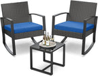 3 Piece Patio Bistro Set Patio Furniture Set Outdoor Wicker Rocking Furniture Conversation Set with Tempered Glass Coffee Table for for Front Porch Balcony and Deck (Blue Cushion) by Qsun