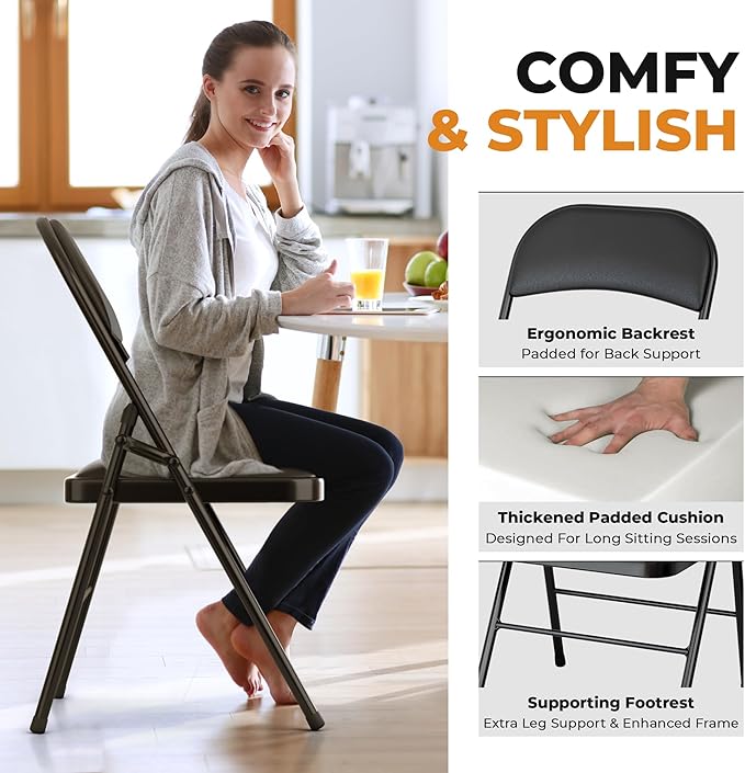 4 Pack Leather Chair | Foldable & Stackable | 350 lbs Capacity Steel Frame Seats for Indoor or Outdoor | Commercial Use Events Wedding Party Events Bulk Picnic Kitchen Dining - Black - Image 4