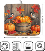 Fall Dish Drying Mat for Kitchen Counter 16x18 Autumn Pumpkin Birds Harvest - Image 2