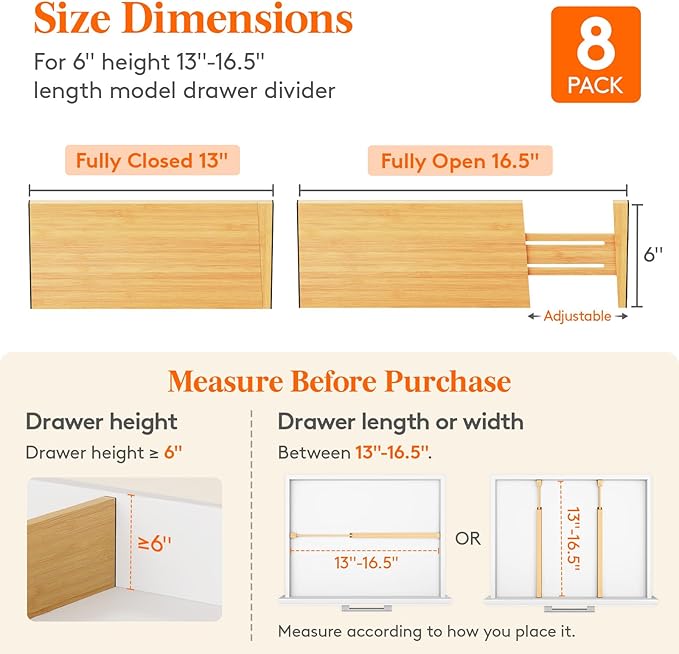 Lifewit 6" High 8 Pack Bamboo Drawer Dividers 33-42cm/13-16.5" Adjustable - Image 2