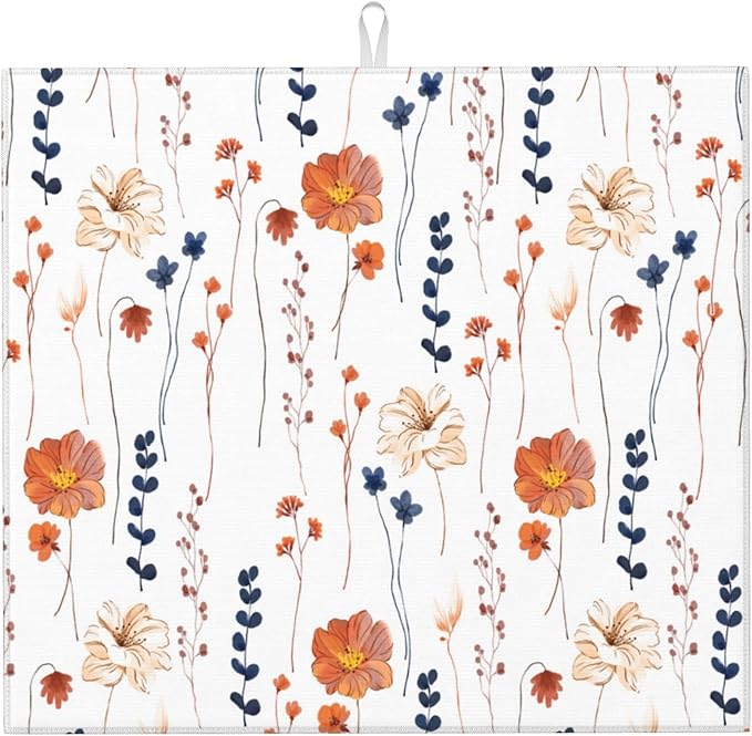 Watercolor Orange Floral Dish Drying Mat by Unknown